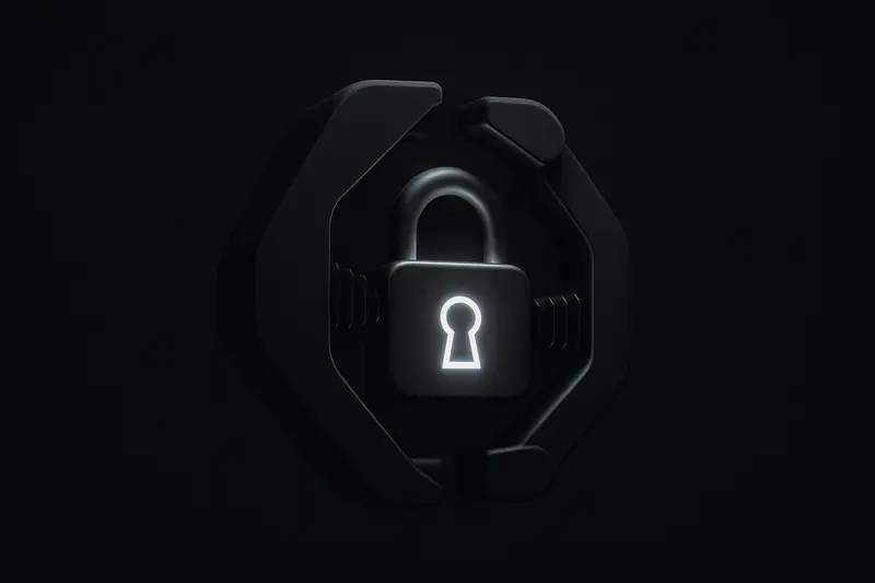 A luminous padlock suspended in black space, gripped by dark metallic jaws with faint red signal lines radiating outward.