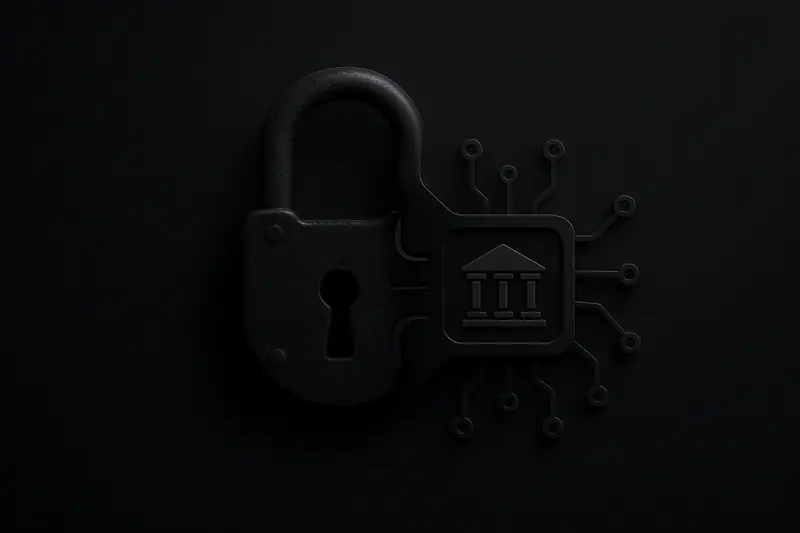 Rusted padlock transforming into a sleek, glowing circuit gate, with tight concentric rings on a dark background