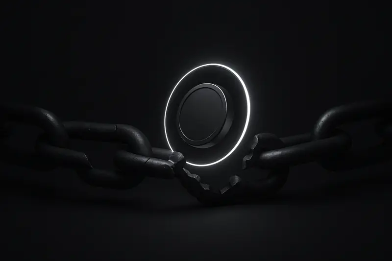 Glowing ring of coins forms a bright bridge over a broken steel chain on a dark, smoky background.