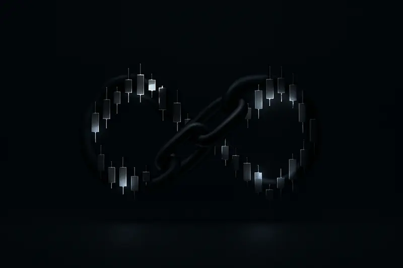 Dark cover showing an infinity symbol formed by neon price candlesticks and metallic chain links over a black, star-dusted background.