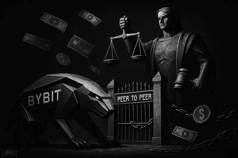 A metallic exchange machine is stopped at a trading gate by a stern central-bank guardian in a dark grayscale regulatory standoff.