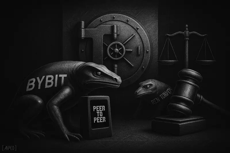 A metallic crypto beast faces a bank vault, scales, and gavel in a dark grayscale scene of blocked peer-to-peer trading.