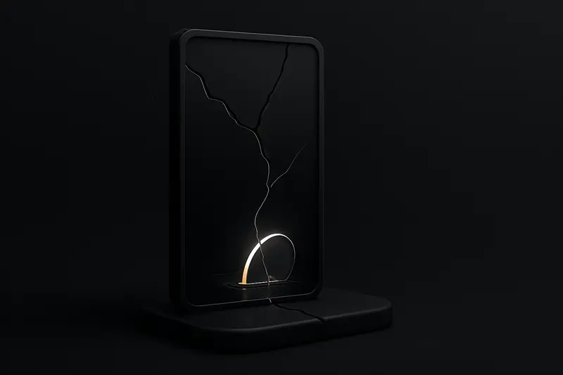 A cracked black mirror shows distorted reflections of a dimly glowing coin sinking into dark liquid, with sharp fracture lines.