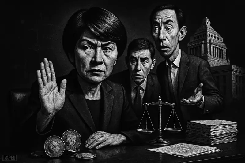 Three Japanese public figures in a tense grayscale editorial scene with legal symbols, memecoin props, and a dark data-grid backdrop.