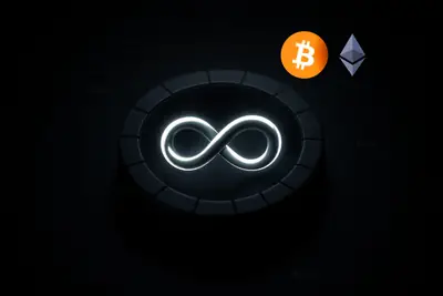 Glowing infinity loop encircling a segmented circular index ring, floating above a dark grid with faint neon data trails