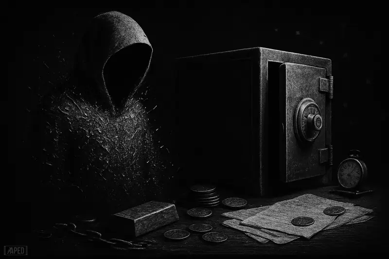 A ghostly hooded silhouette beside an open vault, old papers, coins, and gold bar in a dark grayscale crypto mystery scene.