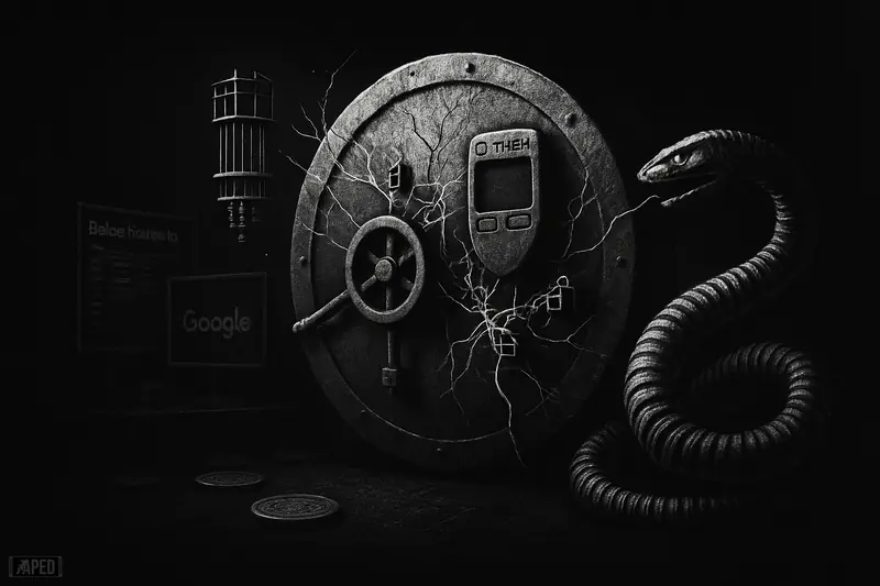 A cracked vault-wallet hybrid under quantum attack, with cable-serpent menace and shadowy tech props in a dark grayscale data-grid scene.