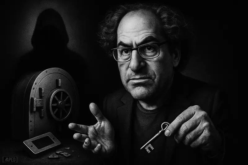 David Schwartz leans over a slipping key near a vault, while a shadowy Satoshi figure fades into a dark data-grid background.
