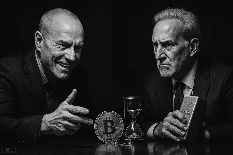 Michael Saylor and Peter Schiff confront each other across a dark table, with a bitcoin coin, gold bar, and hourglass between them.