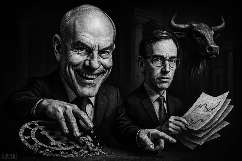 Michael Saylor and Adam Livingston in a dramatic grayscale financial scene with broken cycle imagery, institutional pillars, and a looming metallic bull.