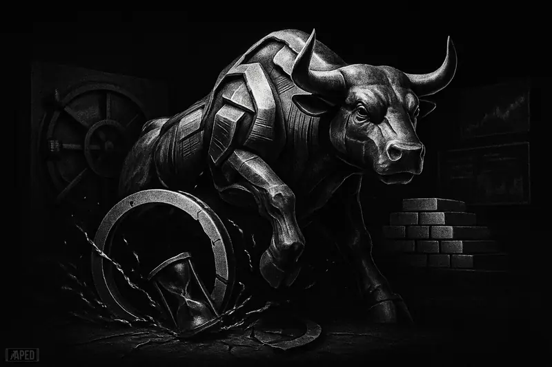 A metallic corporate bull charges through a shattered time ring and hourglass in a dark grayscale financial scene.