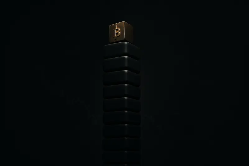On a black background, a tall stack of glowing gold blocks with a single small cube hovering above the top.