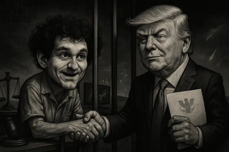Caricature of Sam Bankman-Fried behind bars bargaining with Donald Trump, with gavel, crypto chart glow, and distant strike imagery in dark tones.
