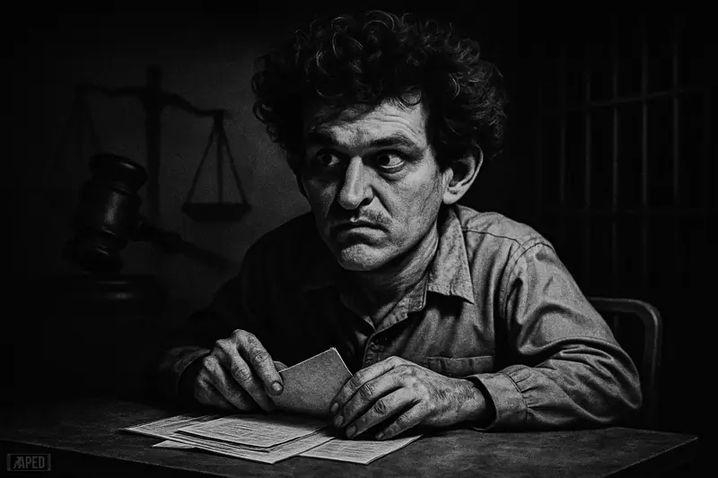 Sam Bankman-Fried sits anxiously at a prison table under harsh light, surrounded by legal symbols, bars, and papers in grayscale darkness.
