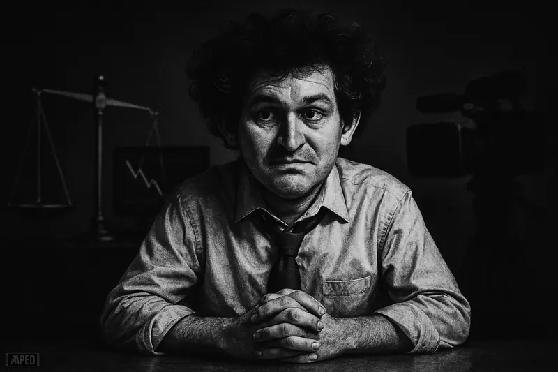 Sam Bankman-Fried caricature sits tensely at a table as shadowy market and media symbols suggest falling pardon odds in a dark scene.
