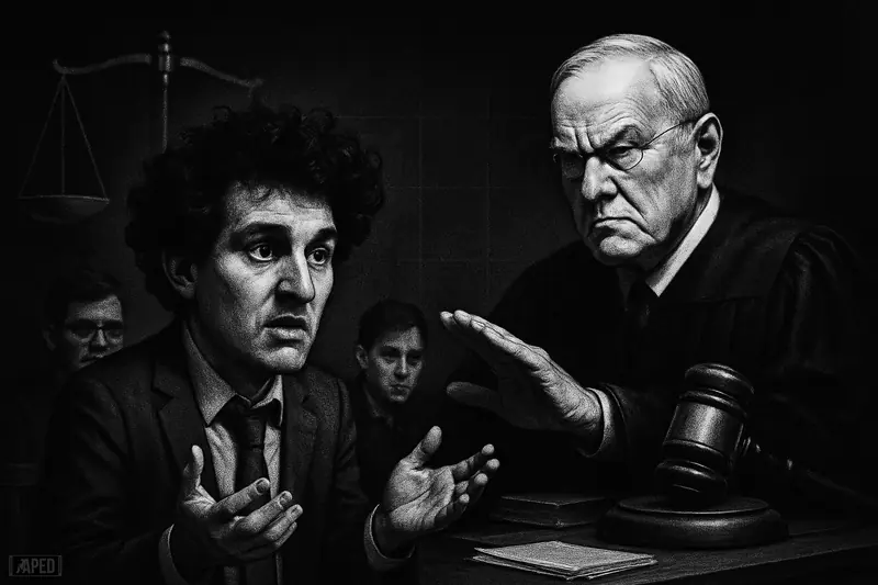 A grayscale courtroom caricature shows Sam Bankman-Fried pleading before a stern Judge Kaplan, with two shadowed former FTX executives behind them.