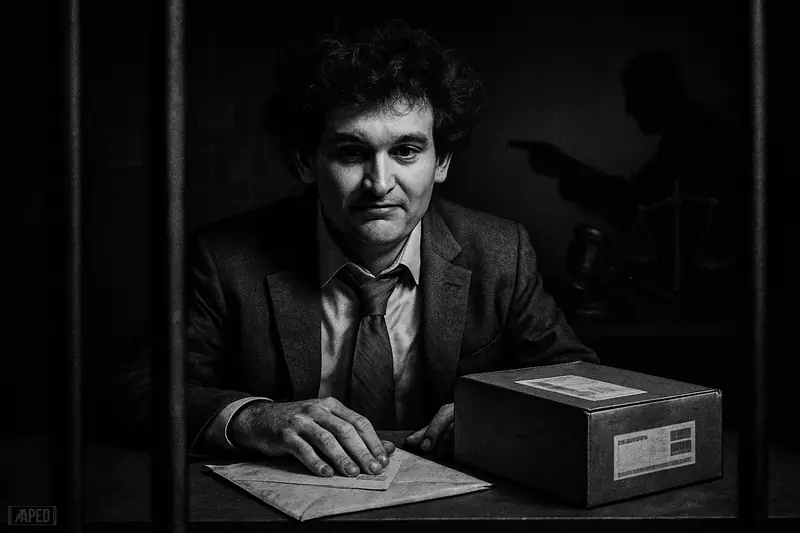 Sam Bankman-Fried in a prison-like setting eyes a suspicious courier package and letter as gavel and scales loom in stark black-and-white.