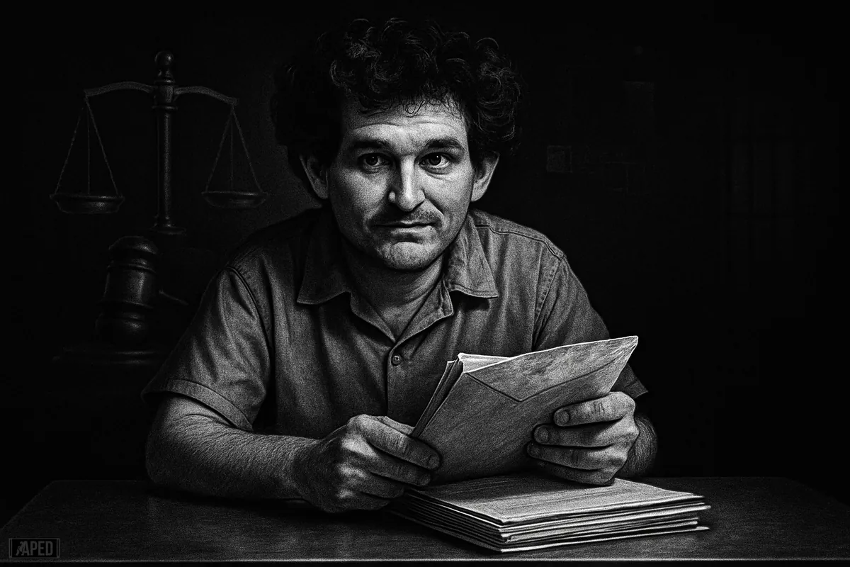Sam Bankman-Fried in a prison setting studies a suspect letter under forensic light, with gavel and scales looming behind.