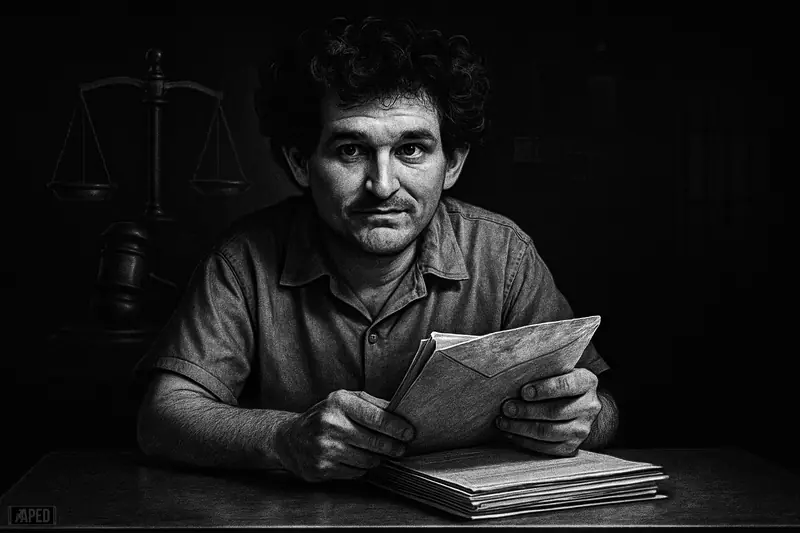 Sam Bankman-Fried in a prison setting studies a suspect letter under forensic light, with gavel and scales looming behind.