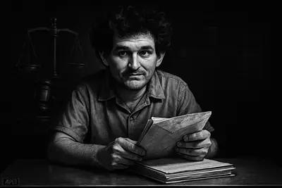 Sam Bankman-Fried in a prison setting studies a suspect letter under forensic light, with gavel and scales looming behind.