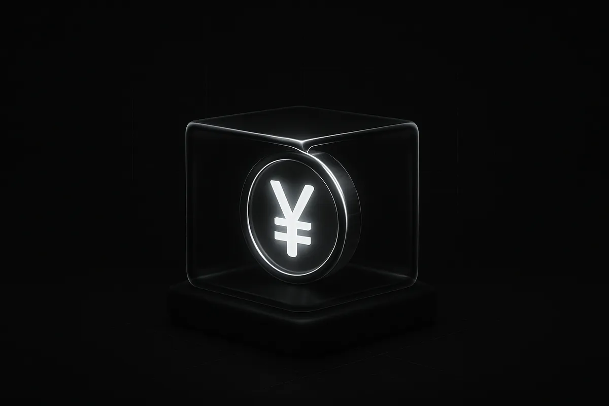 A luminous yen coin sealed inside a clear glass-like cube, hovering over dark circuit lines on a black background.