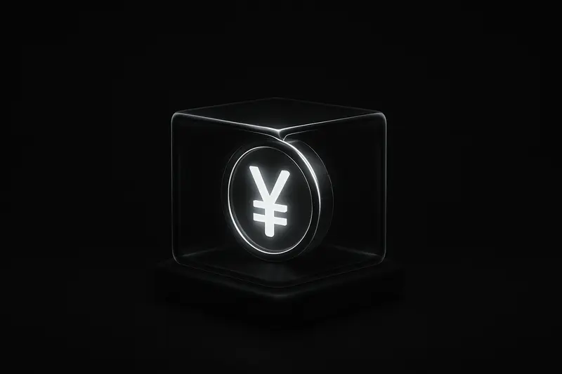 A luminous yen coin sealed inside a clear glass-like cube, hovering over dark circuit lines on a black background.