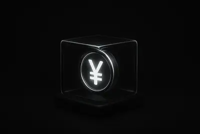 A luminous yen coin sealed inside a clear glass-like cube, hovering over dark circuit lines on a black background.
