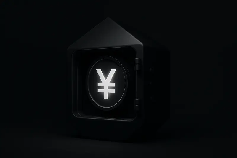 A luminous yen symbol encased in a transparent prism, hovering above a matte-black vault door with subtle circuit traces.