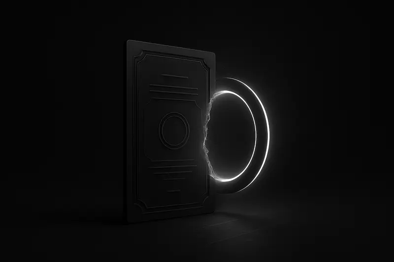 On a dark background, a metallic bond-like slab fractures into luminous blue arcs forming a circular halo with floating particles.