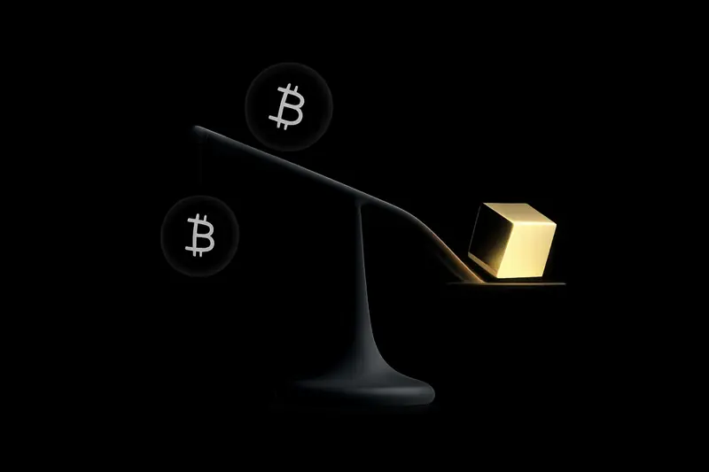 A dark balance scale with a textured gold sphere on one side and a luminous orange cube on the other, floating on black.