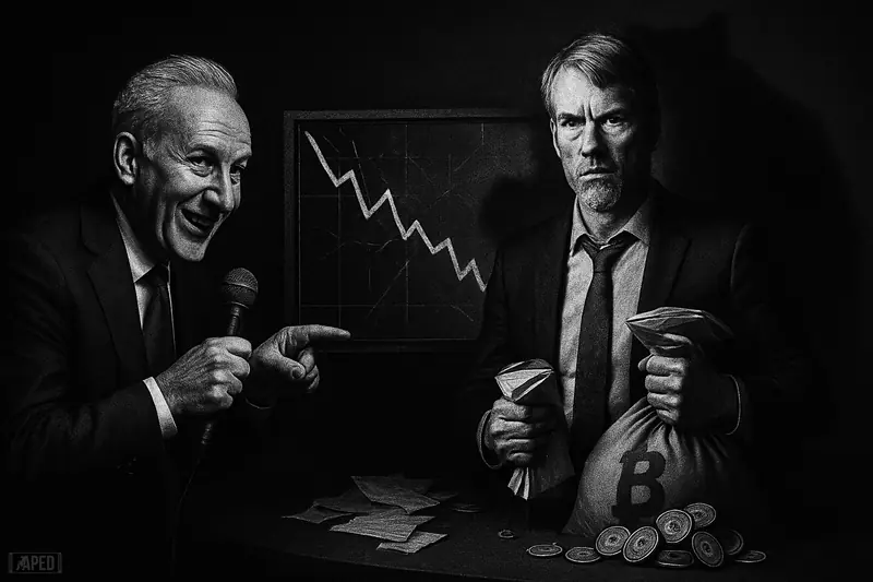 Schiff smirks and points with a microphone while Saylor grips papers and a coin bag, under a falling chart and bear shadow.