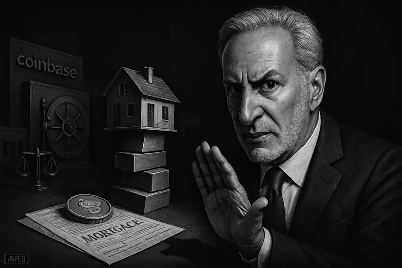 Peter Schiff warns beside a teetering house-and-collateral structure in a dark financial scene with lending symbols and a faint data-grid backdrop.