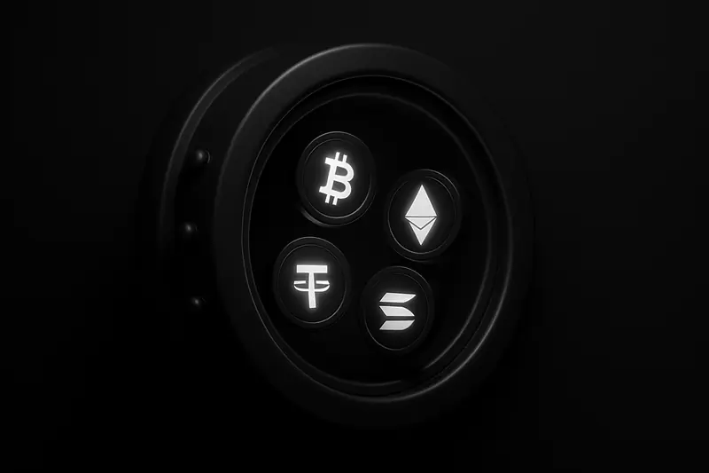 On a black background, a metallic vault ring encircles four glowing coin-like orbs with distinct colors, hovering in balanced orbit.