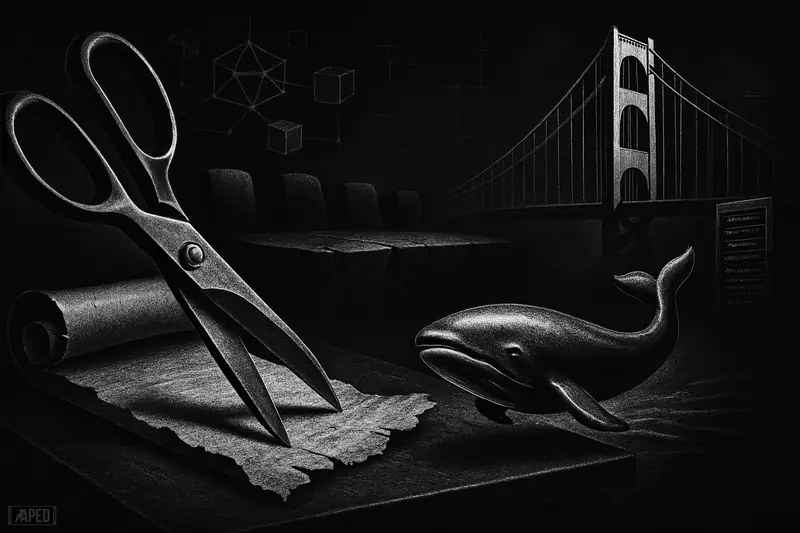 A trimmed ancient scroll, metallic whale, and shadowy empty council chamber sit before a dark bridge in monochrome grayscale.