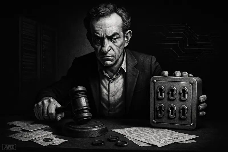 Juan stands over a dark table, lowering a gavel while presenting a multisig vault device in a stark grayscale governance scene.