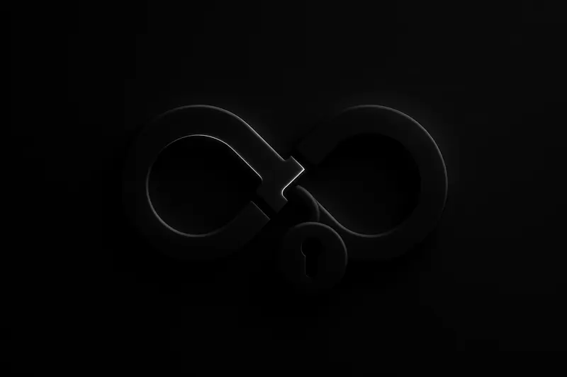 Glowing infinity loop intertwined with a sleek circuit-board lock, neon data traces radiating on a dark background.