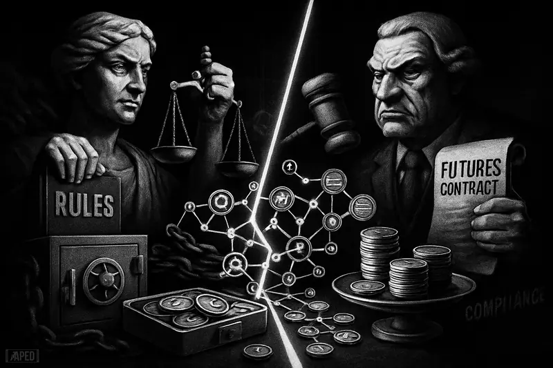 Two stern stone regulators divide a network of crypto tokens between scales, vault trays, and derivatives chains in a dark grayscale scene.