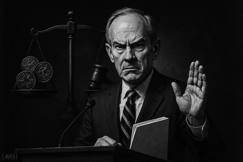 Paul Atkins caricature at a summit podium, warningly gesturing, with looming scales, gavel, and shadowy crypto-market symbols on a dark grid background.