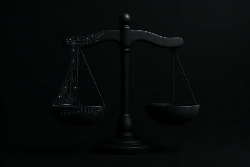 Moody black cover with glowing circuit-built scales on one side and cracked marble scales on the other, lit by a cold spotlight.