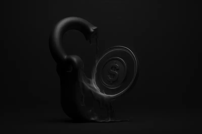 On a black background, a glowing coin encircled by a melting iron shackle that thins into a delicate ring.