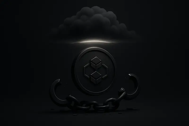 Cracked dark metal shackles float above a glossy black surface, releasing thin neon-red light rays into the darkness.