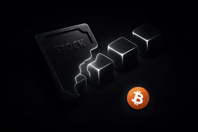 Dark cover showing a silver stock certificate fragment dissolving into neon-blue blockchain cubes over a black, grid-like market background.