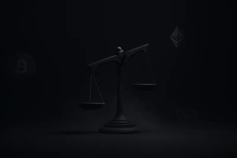 Cracked metallic scales of justice hovering in dark space, partially dissolving into pixelated fog and faint circuit-like glows.