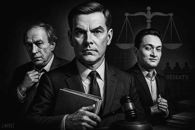 Three grayscale caricatured men in suits stand amid legal symbols, with a stern new enforcement chief foregrounded under dark cinematic lighting.