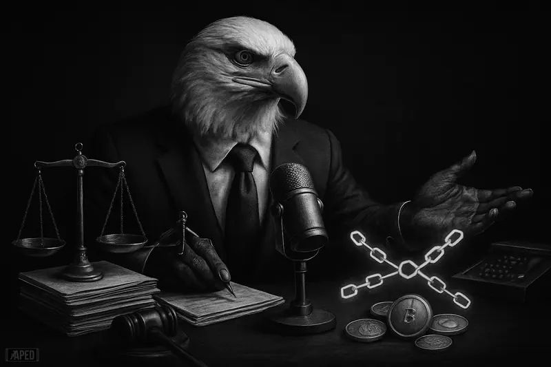 A suited bald eagle speaks into a studio microphone beside scales, a gavel, and blockchain symbols in a dark grayscale setting.