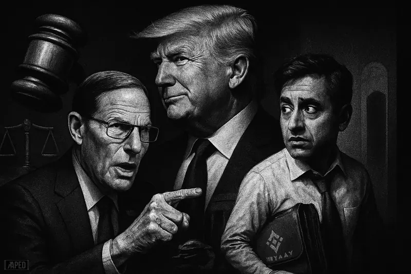 Blumenthal confronts a departing Wadhwa while Trump looms behind amid regulatory symbols and a crypto serpent in a dark grayscale scene.