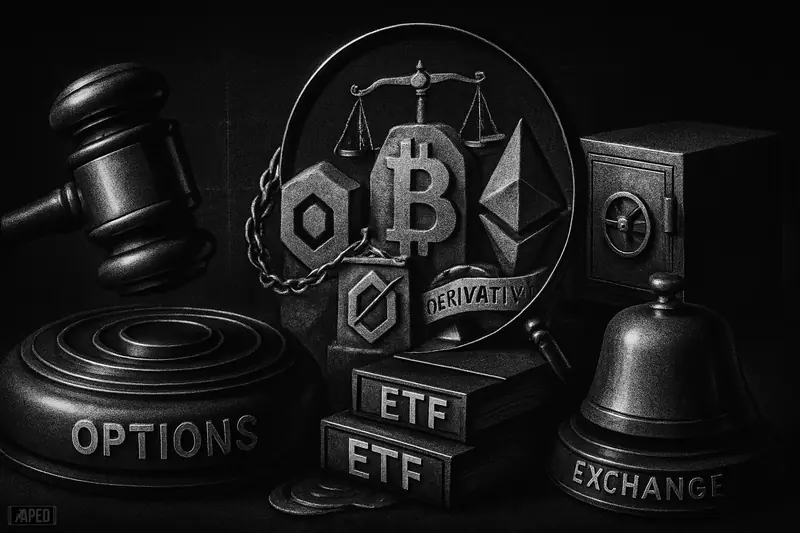 A looming gavel inspects crypto ETF symbols, with exchange props, scales, and derivative motifs in a dark grayscale financial scene.
