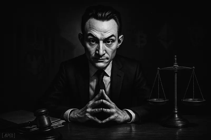 Justin Sun sits under harsh light at a metal table, surrounded by legal symbols and shadowy regulatory imagery in a monochrome scene.