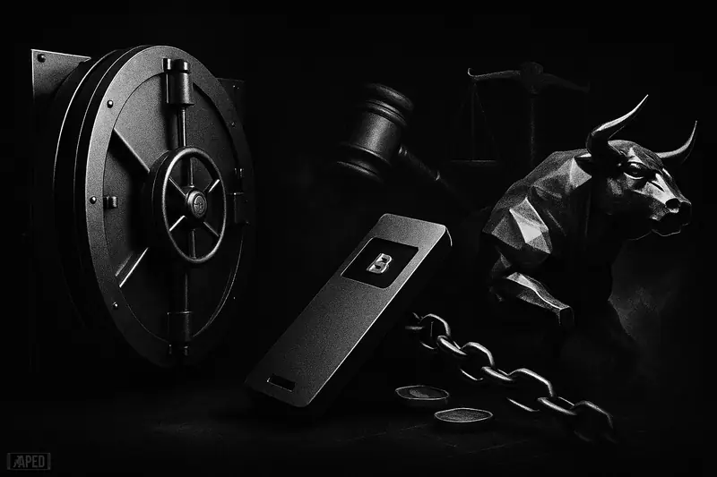 An open vault, wallet device, metallic network nodes, and a rising bull push past shadowy gavels and scales in a dark grayscale scene.