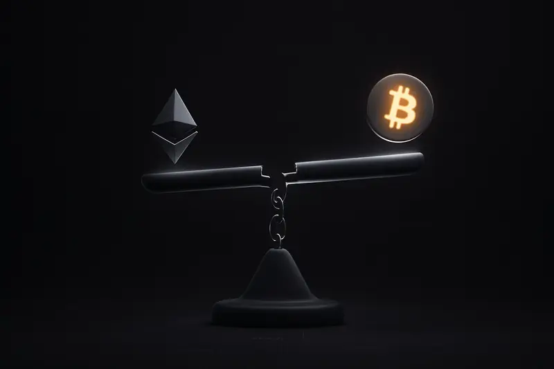 Black background with a neon-lit balance scale, shattered chain links on one side and hovering geometric coins on the other